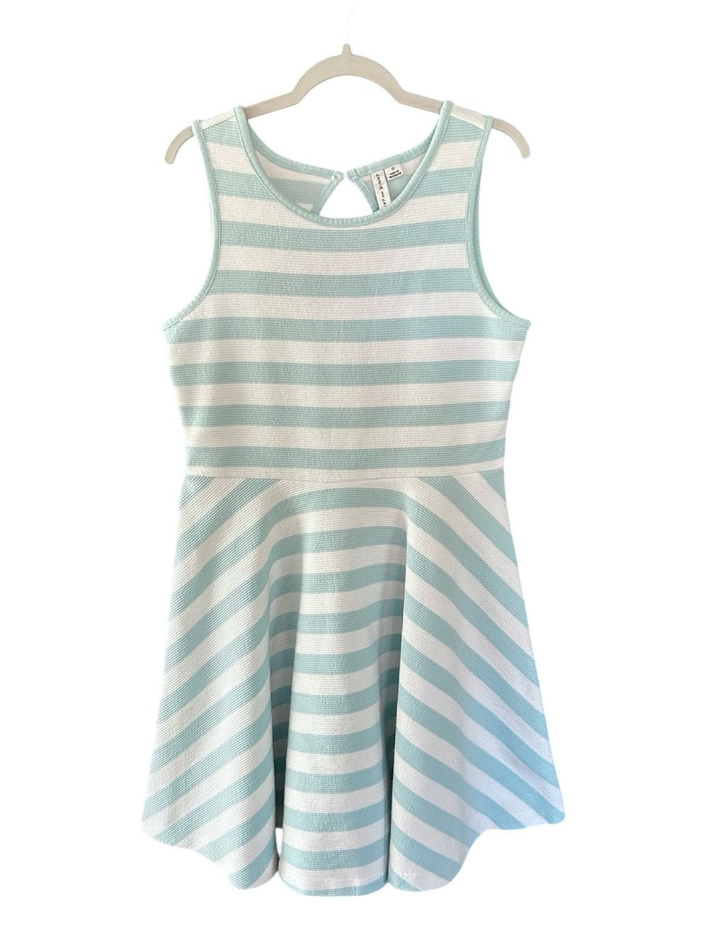 Janie & Jack Light Teal White Striped Ottamon Dress Back Cutout Buttons Size 12